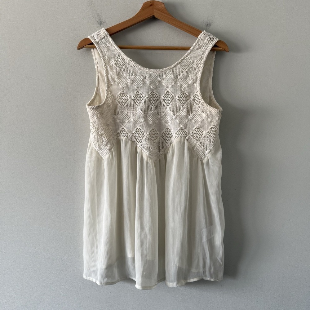 Crochet Sheer Sleeveless Babydoll Top Small Beige Cottage Festival Hippie